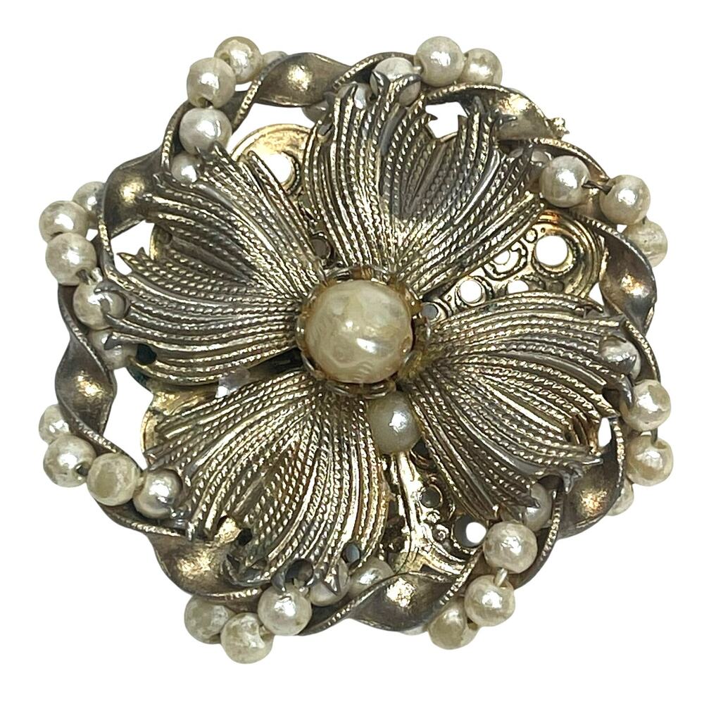 Vtg Brooch Gold Tone Faux Pearl Filigree Back 1.75"